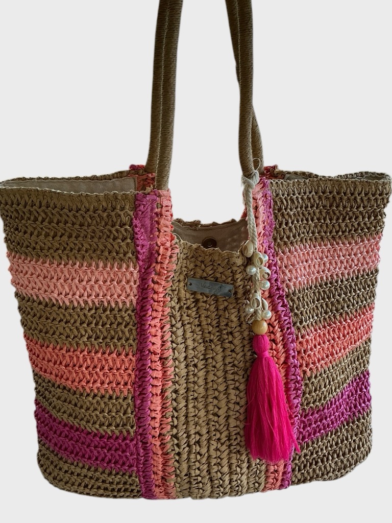 Straw Beach Tote Vacay Bag Pink Stripe Tassel Summer Boho Large